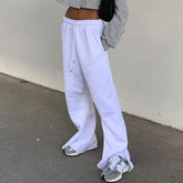 Lässige High Waist Kordelzug Seitlich Slip Weites Bein Hose - Weiß